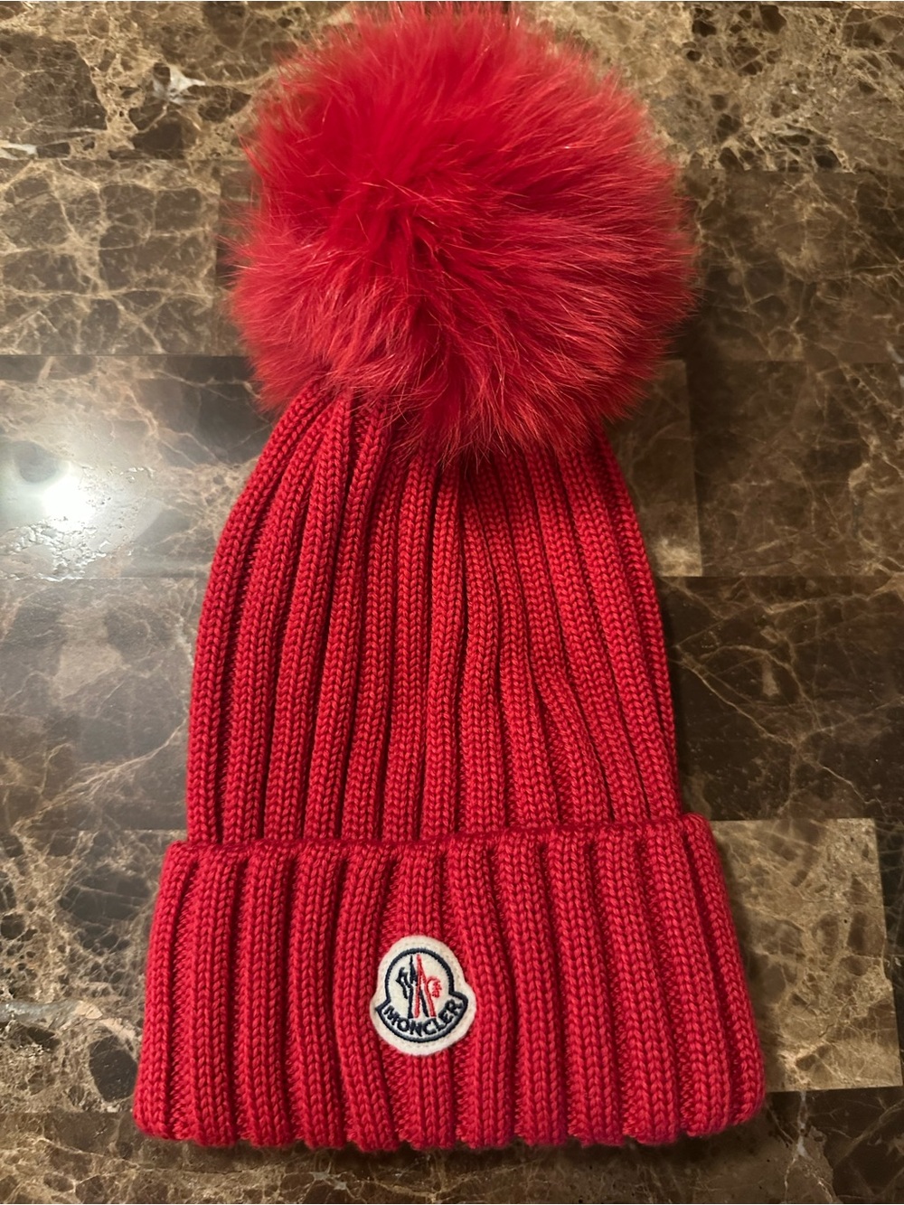 Moncler Red Ribbed Beanie with Pom